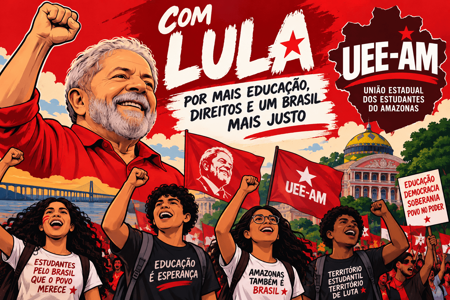 Manifestação estudantil em defesa da educação pública, com faixas da UEE, UNE e UBES.